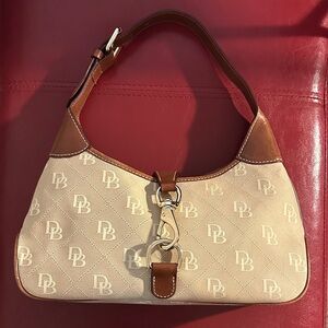 Dooney & Bourke Cream & Brown Shoulder Bag w. Gold Hardware, Excellent Condition